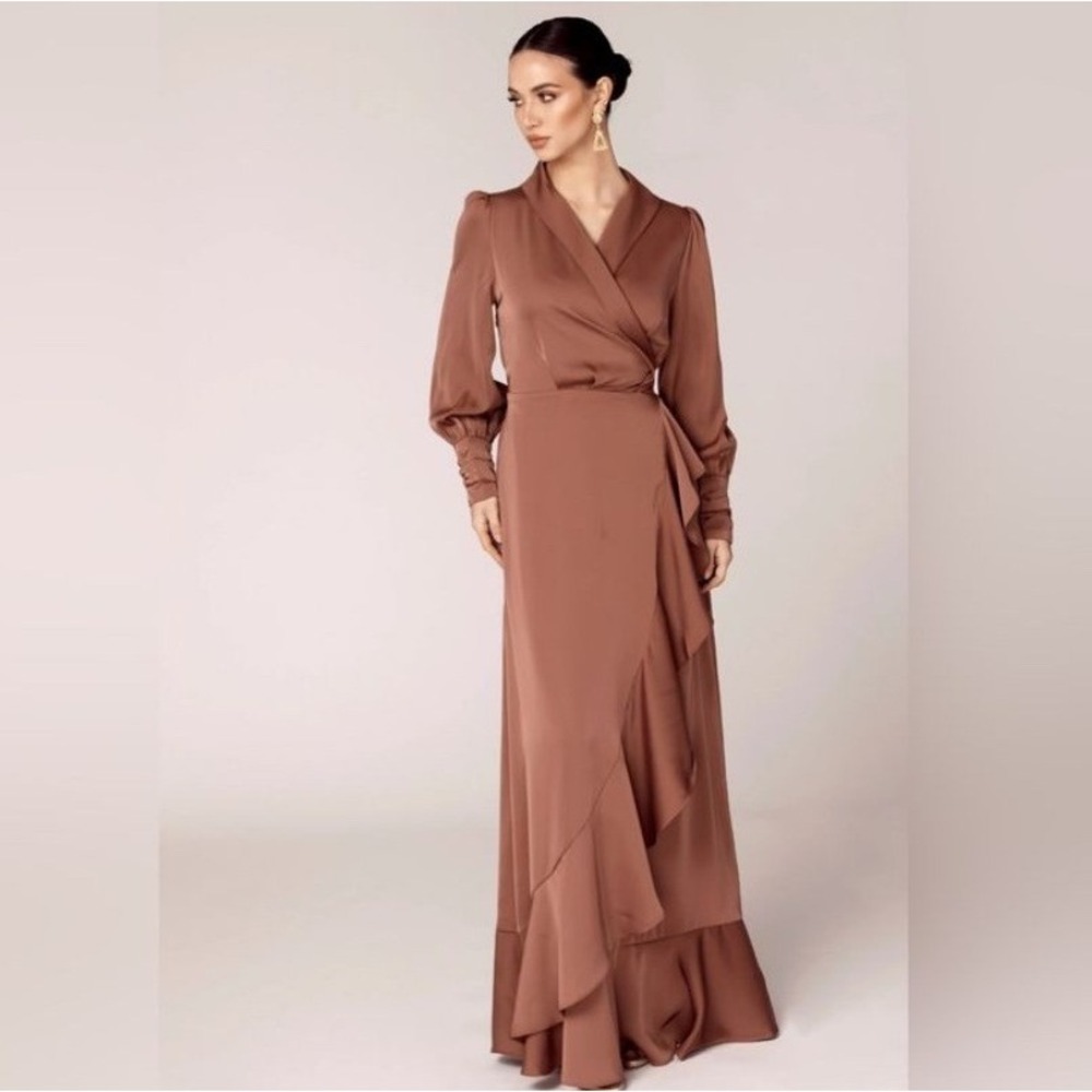VEILED COLLECTION‎ Shereen Satin Wrap Dress Rose Brown Long Sleeve Tie Waist XS